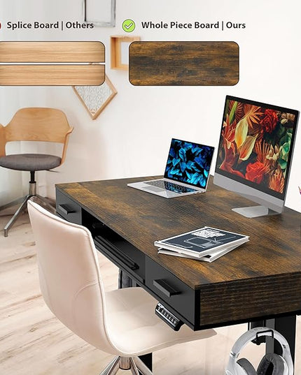 SHW 48-Inch Electric Height Adjustable Desk with Keyboard Tray and Two Drawers, Rustic Brown - LeafyLoom
