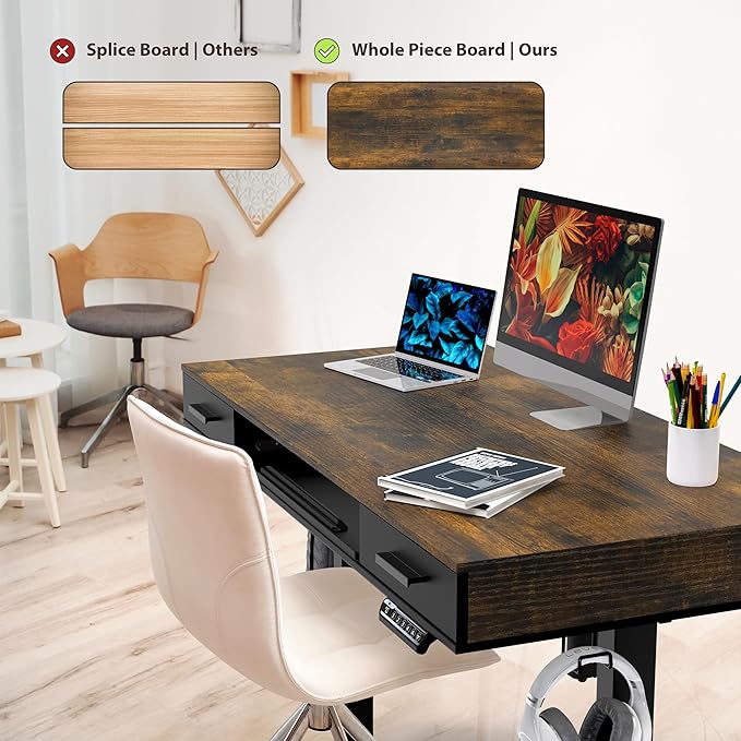 SHW 48-Inch Electric Height Adjustable Desk with Keyboard Tray and Two Drawers, Rustic Brown - LeafyLoom
