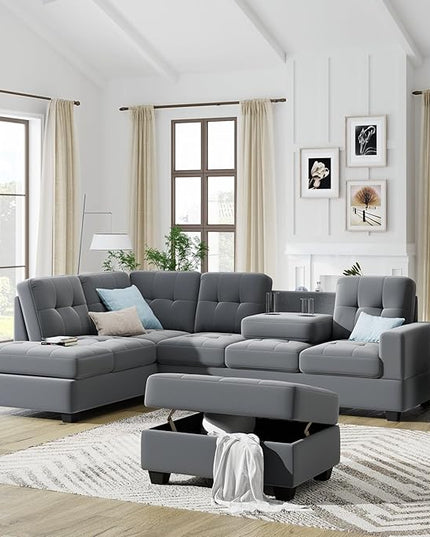 112" Modern L-Shape Sectional Sofa with Reversible Chaise &Storage Ottoman, Velvet Upholstered Couch w/Cup Holder, for Living Room, Apartment, 104 Inch, Dark Gray - LeafyLoom