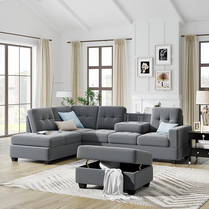 112" Modern L-Shape Sectional Sofa with Reversible Chaise &Storage Ottoman, Velvet Upholstered Couch w/Cup Holder, for Living Room, Apartment, 104 Inch, Dark Gray - LeafyLoom