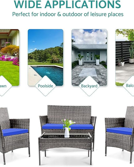 Patio Furniture, 4 Piece Conversation Set, Outdoor Wicker Rattan Table and Chairs, Sectional Sofa with Thick Cushion for Garden, Yard, or Porch, Light Grey - LeafyLoom