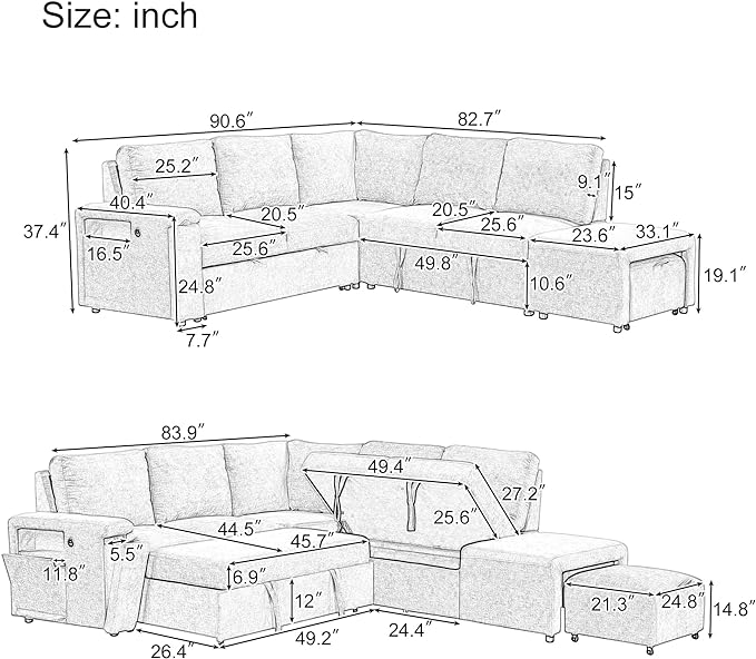 90.6'' L-shaped Modular Sectional Sofa with Storage Space, Ottoman and Pull-Out Bed, 6 Seat Upholstered Couch w/USB Ports & Cup Holders, for Living Rooms, Offices, Apartments, Gray, 90.6 Inch - LeafyLoom
