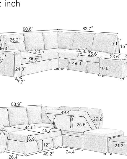 90.6'' L-shaped Modular Sectional Sofa with Storage Space, Ottoman and Pull-Out Bed, 6 Seat Upholstered Couch w/USB Ports & Cup Holders, for Living Rooms, Offices, Apartments, Blue, 90.6 Inch - LeafyLoom