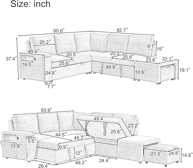 90.6'' L-shaped Modular Sectional Sofa with Storage Space, Ottoman and Pull-Out Bed, 6 Seat Upholstered Couch w/USB Ports & Cup Holders, for Living Rooms, Offices, Apartments, Blue, 90.6 Inch - LeafyLoom
