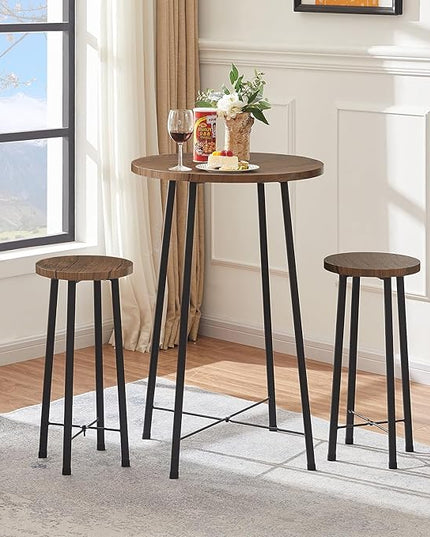 VECELO Small Bar Table and Chairs, Round Bistro Sets with 2 barstools, 3-Piece Pub Dining Furniture, Counter Height Wood Top for Breakfast Dinner Coffee Nap Conference, Easy Assembly - LeafyLoom