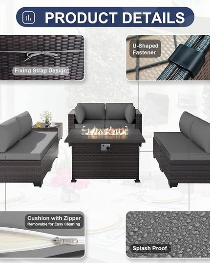 Patio Furniture Sectional Sofa Set 11-Pieces PE Rattan Swivel Rocking Chairs Patio Conversation Set w/43in Gas Fire Pit Table, Outdoor Furniture with 55000 BTU Propane Fire Pit, Grey - LeafyLoom
