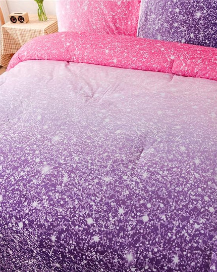 Holawakaka Kids Space Star Glitter Comforter Set Ombre Red & Purple Print Gradient Bedding Set Full Size (Red purple, Full) - LeafyLoom