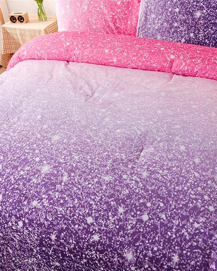Holawakaka Kids Space Star Glitter Comforter Set Ombre Pink Purple Print Gradient Bedding Set Queen Size (Pink Purple, Queen)…… - LeafyLoom