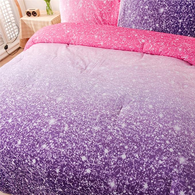 Holawakaka Kids Space Star Glitter Comforter Set Ombre Pink Purple Print Gradient Bedding Set Queen Size (Pink Purple, Queen)…… - LeafyLoom