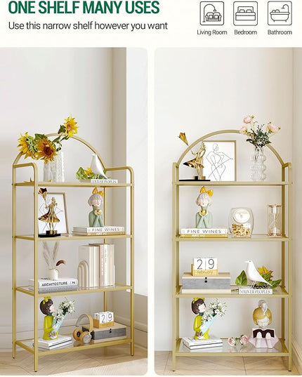 Bookcase Bookshelf, Tempered Glass Bookshelves, Slim Shelving Unit for Bedroom, Bathroom, Home Office, Steel Frame, 4 Tier Gold BC21499G - LeafyLoom