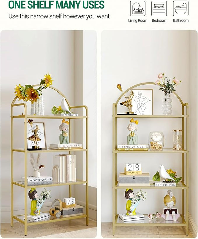 Bookcase Bookshelf, Tempered Glass Bookshelves, Slim Shelving Unit for Bedroom, Bathroom, Home Office, Steel Frame, 4 Tier Gold BC21499G - LeafyLoom