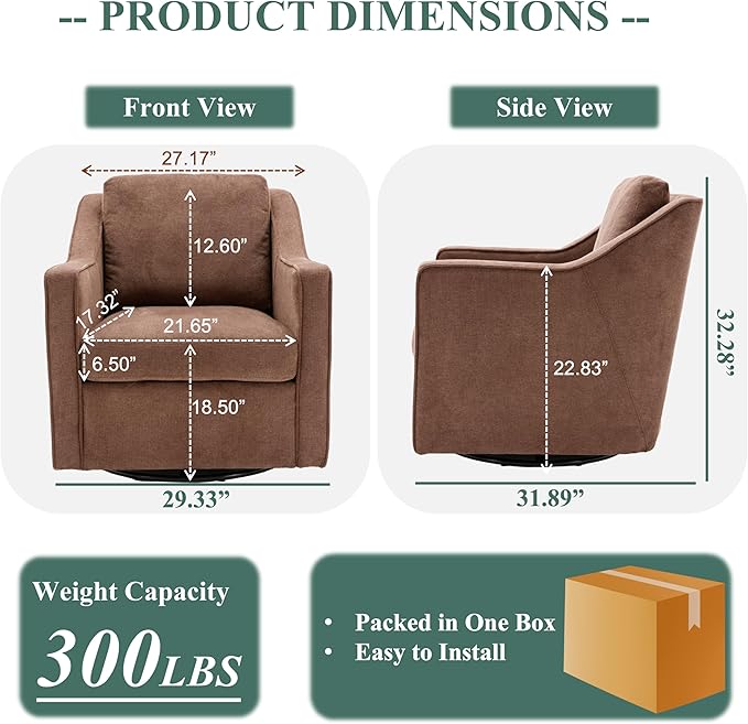 COLAMY 360° Swivel Accent Chair Set of 2, Upholstered Fabric Leisure Armchair with Lumbar Pillow for Living Room Bedroom Home Office, Brown - LeafyLoom