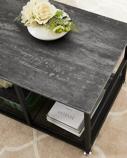 VECELO Coffee Center Table with Storage for Living Room Office Reception, Modern & Industrial Mesh Shelf, 39.4 Inch, Charcoal Gray - LeafyLoom