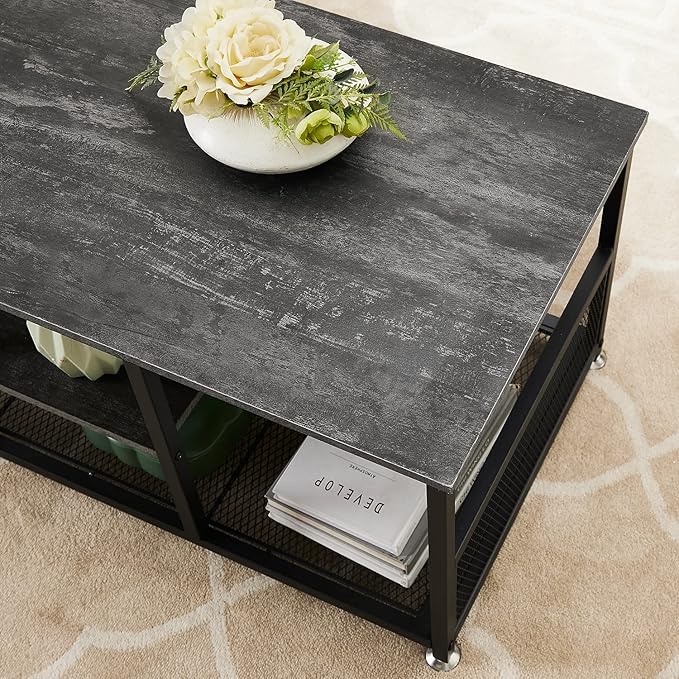 VECELO Coffee Center Table with Storage for Living Room Office Reception, Modern & Industrial Mesh Shelf, 39.4 Inch, Charcoal Gray - LeafyLoom