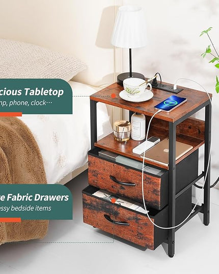 Yoobure Nightstand with Charging Station, Small Night Stand with Fabric Drawers and Storage Shelf for Bedrooms, Nightstands for Small Spaces Bedside Table with USB Ports & Outlets, Bed Side Table - LeafyLoom