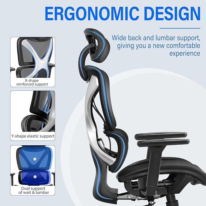 GABRYLLY Ergonomic Office chair with Lumbar Support, Big and Tall Mesh Chairs with Adjustable 3D Arms, Headrest & Soft Seat, Large Desk Chair for Home Gaming,Black - LeafyLoom