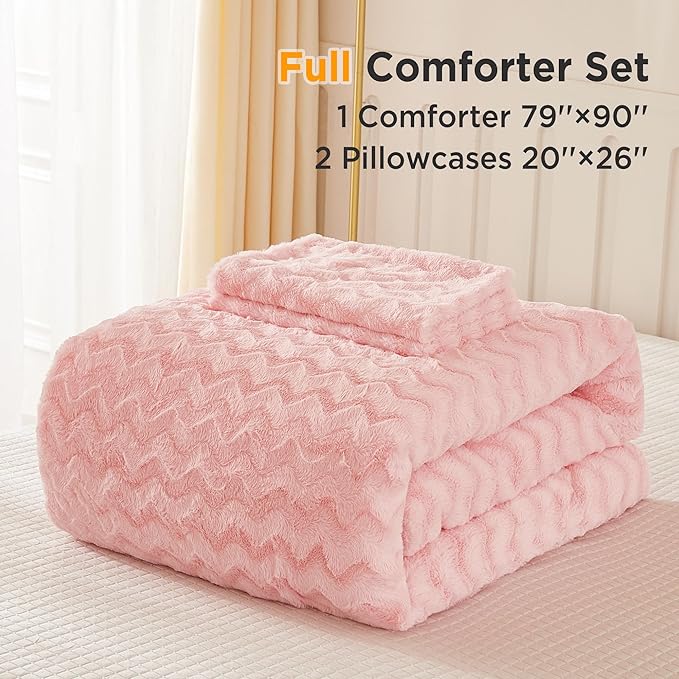 Andency Pink Fleece Comforter Set Full, 3 Pieces Fuzzy Shaggy Plush Sherpa Bedding Comforter Set Women Girls, Solid Fluffy Faux Fur Bed Comforter Set for Winter - LeafyLoom