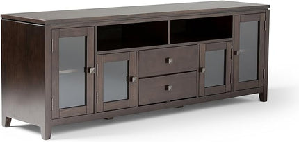 SIMPLIHOME Cosmopolitan SOLID WOOD Universal TV Media Stand, 72 inch Wide, Contemporary, Living Room Entertainment Center with Storage, for Flat Screen TVs up to 80 inches in Mahogany Brown - LeafyLoom