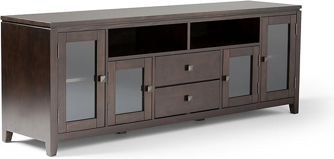 SIMPLIHOME Cosmopolitan SOLID WOOD Universal TV Media Stand, 72 inch Wide, Contemporary, Living Room Entertainment Center with Storage, for Flat Screen TVs up to 80 inches in Mahogany Brown - LeafyLoom