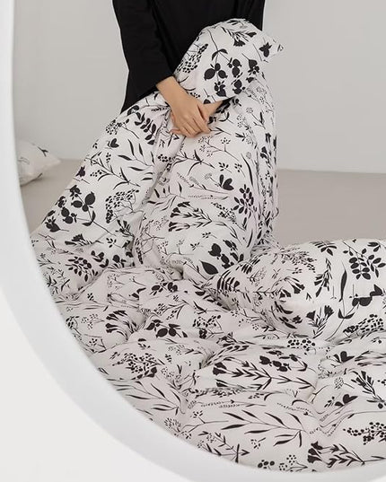 Black Botanical Comforter Set Twin White Black Floral Plant Bedding Comforter Set Girls Garden Pattern Printed on White Blanket Rustic Leaf Blossom Women White Farmhouse Comforter Twin - LeafyLoom