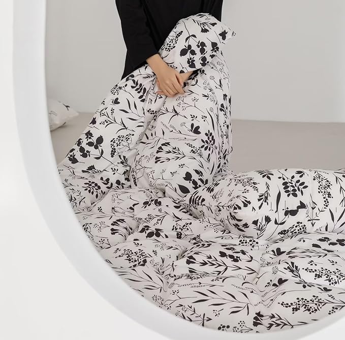 Black Botanical Comforter Set Twin White Black Floral Plant Bedding Comforter Set Girls Garden Pattern Printed on White Blanket Rustic Leaf Blossom Women White Farmhouse Comforter Twin - LeafyLoom
