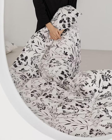 Black Botanical Comforter Set Full White Black Floral Plant Bedding Comforter Set Girls Garden Pattern Printed on White Blanket Rustic Leaf Blossom Women White Farmhouse Comforter Full - LeafyLoom