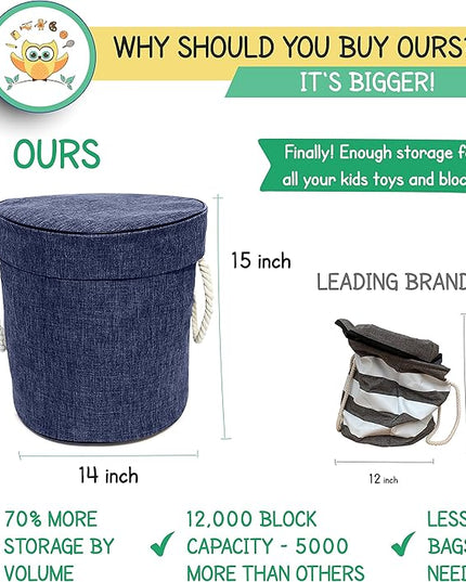 Toy Storage Basket and Play Mat for Building Bricks - Collapsible Canvas Organizer Bag with Drawstring - For Kids - LeafyLoom