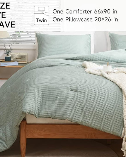 Sage Green Seersucker Comforter Set Twin Size (66x90 in), 2 Pieces Soft Crinkled Textured Comforter with 1 Pillowcase, Lightweight Microfiber Down Alternative Bedding Set for All Season - LeafyLoom
