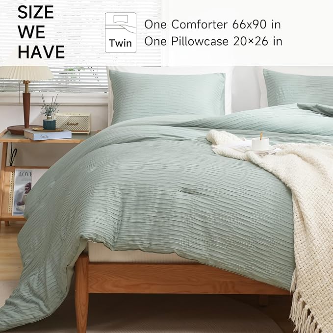 Sage Green Seersucker Comforter Set Twin Size (66x90 in), 2 Pieces Soft Crinkled Textured Comforter with 1 Pillowcase, Lightweight Microfiber Down Alternative Bedding Set for All Season - LeafyLoom
