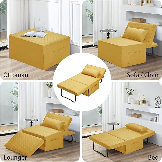 Sofa Bed, 4 in 1 Multi-Function Folding Ottoman Breathable Linen Couch Bed with Adjustable Backrest Modern Convertible Chair for Living Room Apartment Office,Squared-Linen Yellow - LeafyLoom