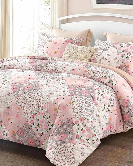 Whale Flotilla King Comforter Set, Soft Reversible Pink Bedding Comforter Set with Boho Pattern, 1 Micoriber Patchwork Comforter and 2 Pillow Shams, 3 Pieces - LeafyLoom