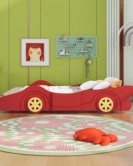 Car Shaped Toddler Bed with Wheels,Racecar Platform Beds W/Safety Guardrail,Slats Support,Stylish Design,Easy Assembly,Wood Full Bedframe for Boys Toddlers Kids Teens Bedroom,Red - LeafyLoom