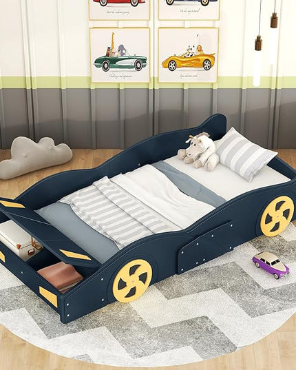 Twin Size Car Bed with Storage Space,Race Car-Shaped Platform Wooden Bedframe W/Wheels,No Box Spring Required,for Boys Toddlers Kids Child's Bedroom,Dark Blue+Yellow - LeafyLoom