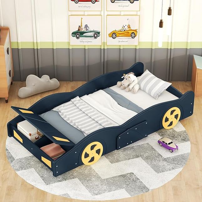 Twin Size Car Bed with Storage Space,Race Car-Shaped Platform Wooden Bedframe W/Wheels,No Box Spring Required,for Boys Toddlers Kids Child's Bedroom,Dark Blue+Yellow - LeafyLoom
