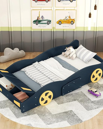Twin Size Race Car Bed for Kids, Car-Shaped Bed Frame with Wheels and Storage Footboard for Boys, Wood Slats Support,No Box Spring Needed, Dark Blue+Yellow - LeafyLoom
