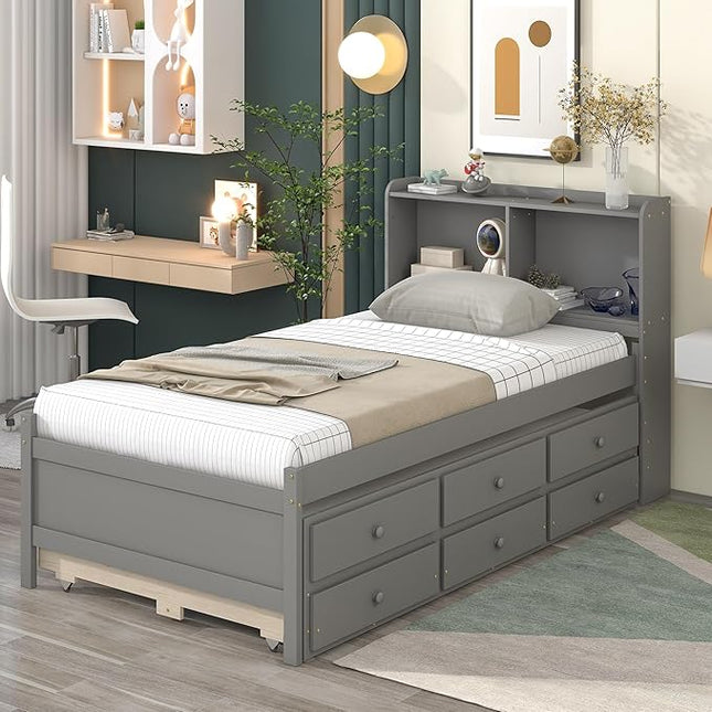 Platform Bed Twin Size with Bookcase Headboard, Trundle and 3 Drawers, Wooden Storage Bedframe for Kids Teens Adults Bedroom - LeafyLoom