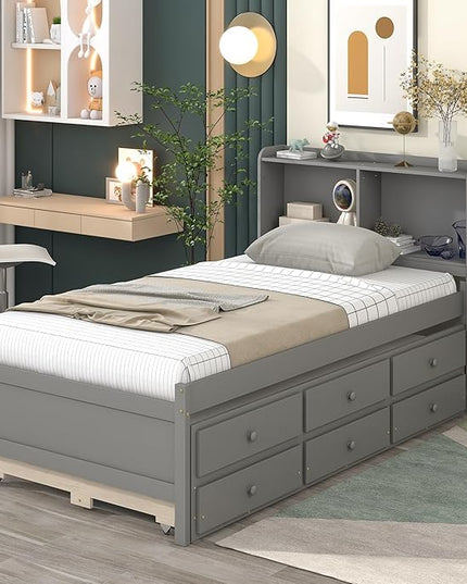 Platform Bed Twin Size with Bookcase Headboard, Trundle and 3 Drawers, Wooden Storage Bedframe for Kids Teens Adults Bedroom - LeafyLoom