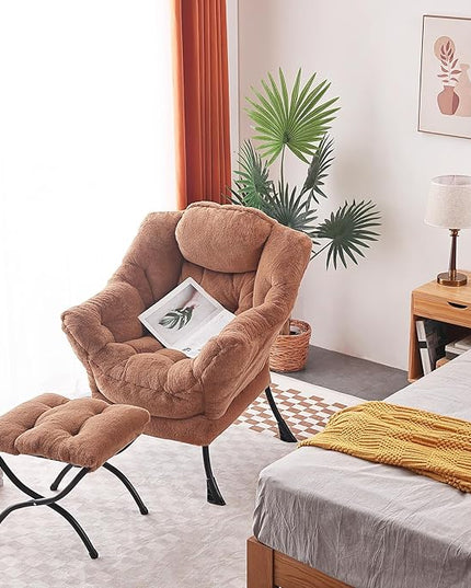 Welnow Lazy Chair with Ottoman, Modern Lounge Accent Chair with Armrests and a Side Pocket, Leisure Sofa Chair, Reading Chair with Footrest for Small Space, Corner Chair, Plush Brown - LeafyLoom