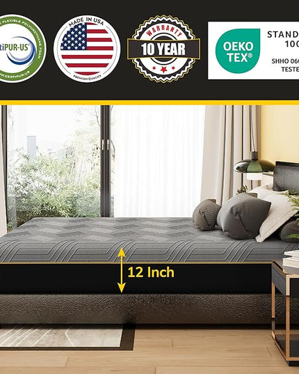 EGOHOME Hybrid Queen Mattress 12 Inch, Mattress with Cooling Cover, Comfort Foam & Pocket Spring Bed in a Box, Targeted Support Pressure Relief, CertiPUR-US Certified, Made in USA, 60x80x12 Black - LeafyLoom
