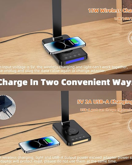 Desk Lamp with Wireless Charger, LED Table Lamps for Home Office, USB Charging Port, Blue and Warm Bedside Night Light, Touch Dimmable, Eye-Caring, Timer, with Adapter, Black - LeafyLoom