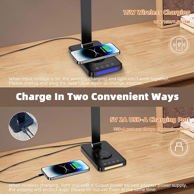 Desk Lamp with Wireless Charger, LED Table Lamps for Home Office, USB Charging Port, Blue and Warm Bedside Night Light, Touch Dimmable, Eye-Caring, Timer, with Adapter, Black - LeafyLoom