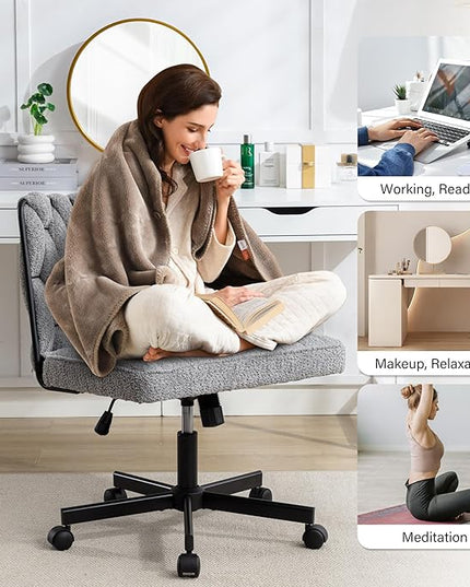 Criss Cross Legged Office Desk Chair with Wheels, Modern Armless Desk Chair with Wide Seat, Home Office Chair for Work, Meditation, Vanity, Grey - LeafyLoom