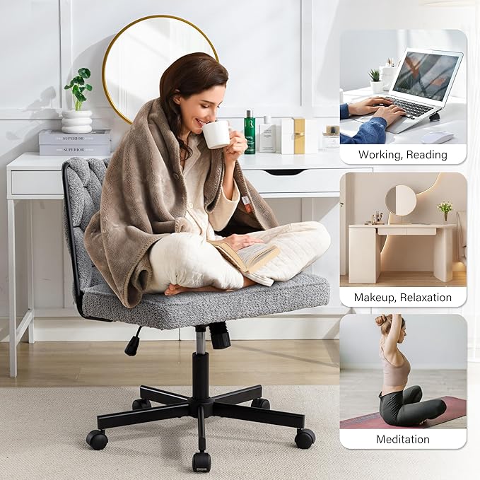 Criss Cross Legged Office Desk Chair with Wheels, Modern Armless Desk Chair with Wide Seat, Home Office Chair for Work, Meditation, Vanity, Grey - LeafyLoom