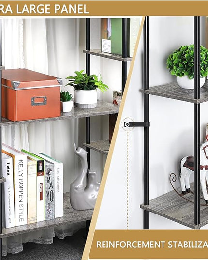 melos 4 Tier Bookshelf, Industrial Bookcase, Large Etagere Bookshelf Open Display Shelves with Metal Frame and 2 Anti-Tipping Strap, Grey - LeafyLoom
