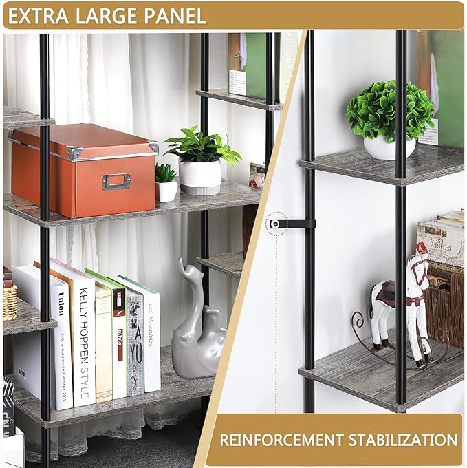 melos 4 Tier Bookshelf, Industrial Bookcase, Large Etagere Bookshelf Open Display Shelves with Metal Frame and 2 Anti-Tipping Strap, Grey - LeafyLoom