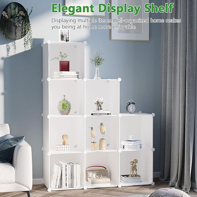 C&AHOME Cube Storage, 9-Cube Bookshelf, Plastic Closet Cabinet Organizer, DIY Stackable Bookcase, Modular Shelving Units Ideal for Home, Office, Kids Room, 36.6" L x 12.4" W x 48.4" H Milky UPCS09M - LeafyLoom
