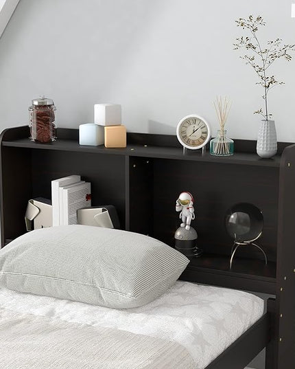 Platform Bed Twin Size with Bookcase Headboard, Trundle and 3 Drawers, Wooden Storage Bedframe for Kids Teens Adults Bedroom - LeafyLoom