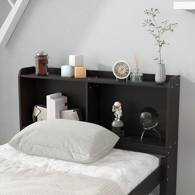 Platform Bed Twin Size with Bookcase Headboard, Trundle and 3 Drawers, Wooden Storage Bedframe for Kids Teens Adults Bedroom - LeafyLoom
