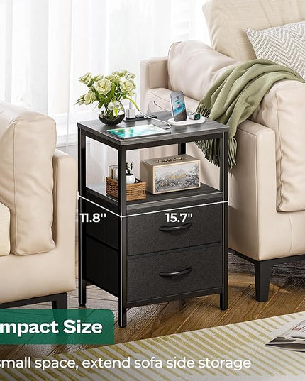 Nightstand with Charging Station, Side Table with Fabric Drawers, End Table with Open Shelf, Bedside Table with USB Ports and Outlets, Night Stand for Bedroom, Charcoal Gray - LeafyLoom