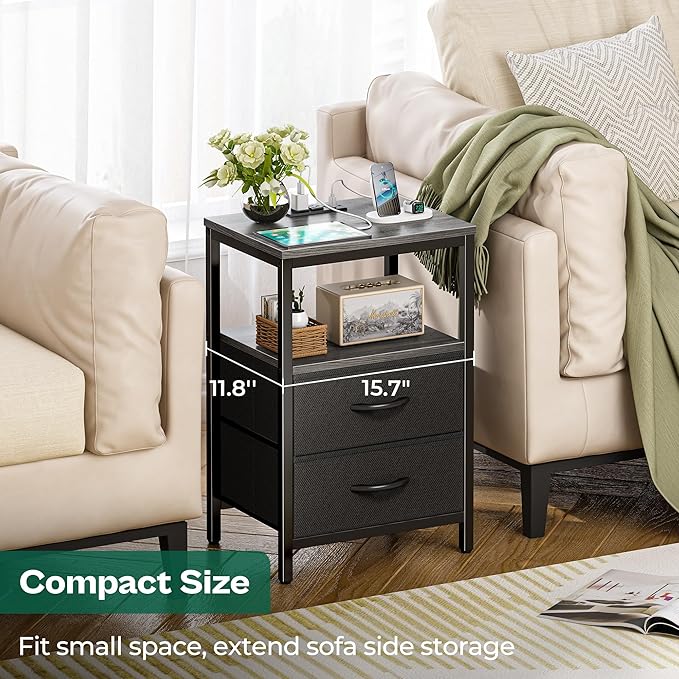 Nightstands Set of 2, End Tables with Charging Station, Side Tables with Fabric Drawers, Bedside Tables with USB Ports and Outlets, Night Stands for Bedroom, Charcoal Gray - LeafyLoom